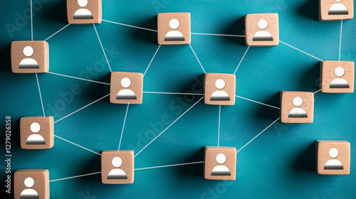 Digital illustration of social network graph with interconnected user icons, representing relationships and connections in modern communication system photo