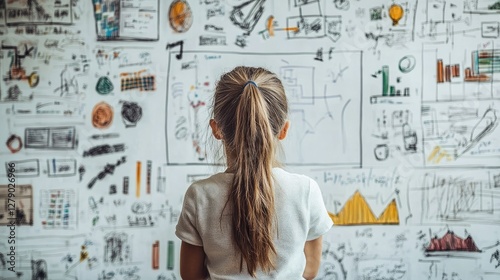 Little Girl Observing a Wall of Ideas, A Visual Representation of Creativity and Problem Solving
