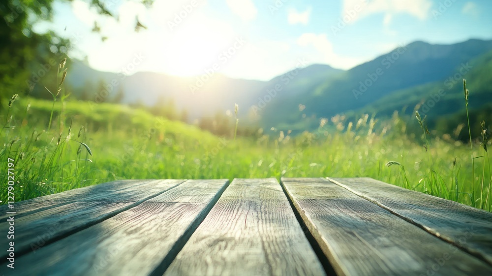Fototapeta premium Wooden table in sunny mountain meadow.
