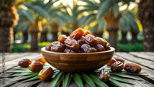 Dried dates fruits with dates palm plantation background. Healthy fruit for iftar in Ramadan. Ai Generative.