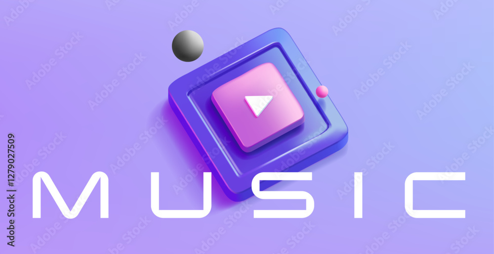 3D, music play button. Modern purple banner with realistic button for advertising concepts of listening to music, and audio. Vector 3D, music play button. Modern purple banner with realistic button for advertising concepts of listening to music, and audio. Vector