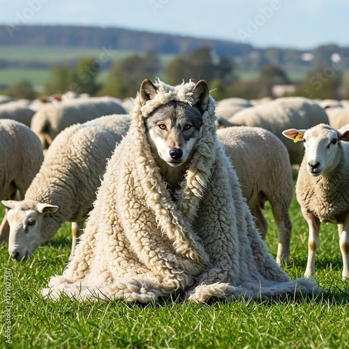 Wolf in Sheeps Clothing Fleece, Hidden Dangour, Lambs grazing Background