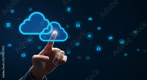 Cloud Computing Network Access - Hand Touching Digital Cloud Icons for Data Storage and Cyber Security