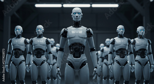 group of advanced, humanoid robots standing in formation within a high-tech facility, artificial intelligent 