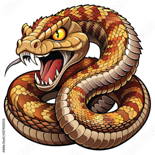 A meticulously detailed image of a coiled rattlesnake, showcasing its intricate scales and prominently displayed fangs.  The lighting should highlight the texture.