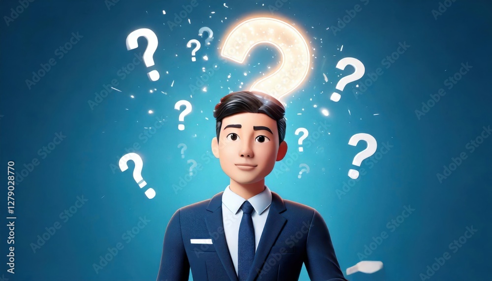 A 3D-rendered businessman in a suit surrounded by floating glowing question marks, symbolizing decision-making, problem-solving, and strategic thinking. A 3D-rendered businessman in a suit surrounded by floating glowing question marks, symbolizing decision-making, problem-solving, and strategic thinking.