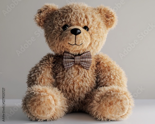 A soft plush teddy bear with a bow tie perfectly isolated on a clean white surface