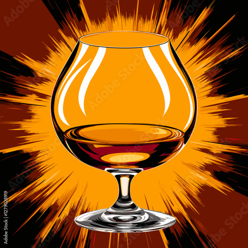 Cognac glass with bold pop-art explosion background, bright colored vector