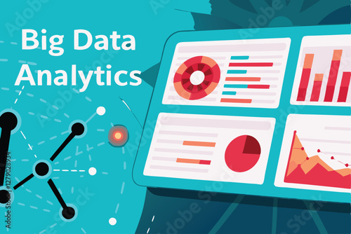 Design a compelling banner showcasing big data analytics, emphasizing its power and applications in modern business.  Include visual elements representing data visualization and insightful analysis.