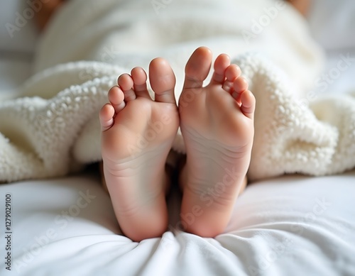 Close-up of relaxed feet tucked under a soft blanket in a peaceful setting