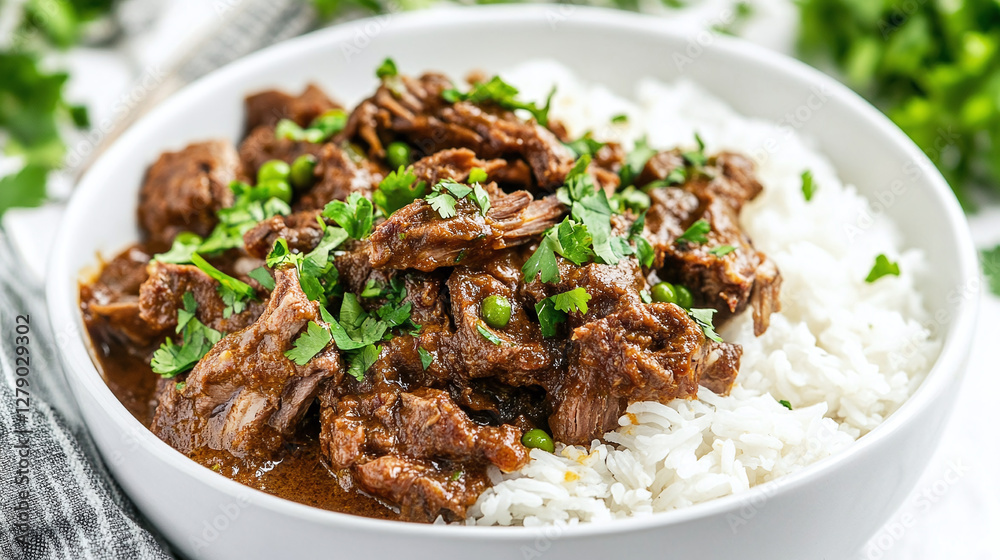 Delicious braised beef with rice. Tender meat served over fluffy rice, garnished with fresh herbs and green peas. A comforting and flavorful meal! Delicious braised beef with rice. Tender meat served over fluffy rice, garnished with fresh herbs and green peas. A comforting and flavorful meal!