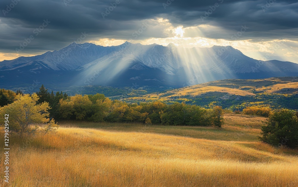 Obraz premium Sunlight pierces through clouds, illuminating a majestic mountain range, creating a stunning play of light and shadow in a breathtaking natural landscape.
