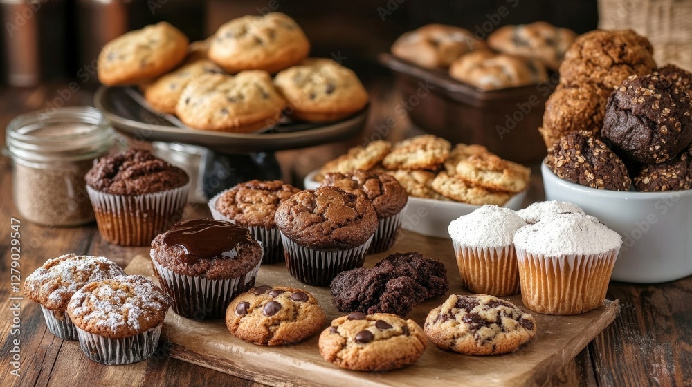 A gluten-free counter displaying muffins, cookies, and pastries made with alternative flours A gluten-free counter displaying muffins, cookies, and pastries made with alternative flours