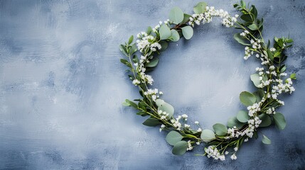 A delicate eucalyptus wreath with white flowers on a gray background