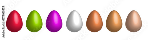 Vibrant 3D vector illustration featuring eggs of various bright red green purple colors, bold hues isolated on white background. Happy Easter themes. Spring celebrations. clipart. Colorful pattern