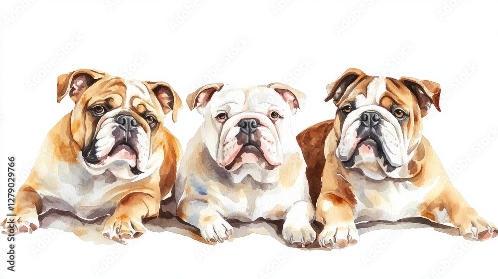 Obraz premium Three Bulldogs Watercolor. Cute Dog Breeds In Watercolor Style For Your Creative Projects.