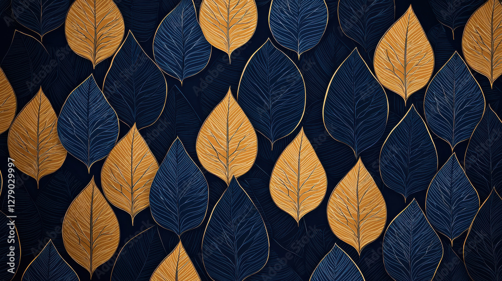 Fototapeta premium Modern geometric leaf pattern in navy and gold tones