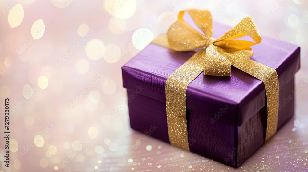 A single purple gift box with a golden ribbon on a pastel background A single purple gift box with a golden ribbon on a pastel background