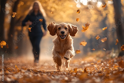 Happy Cocker Spaniel Running Through Autumn Leaves