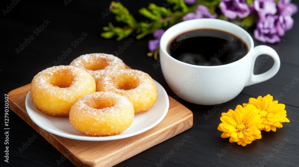 Freshly Baked Donuts with Coffee and Colorful Flowers on Table Freshly Baked Donuts with Coffee and Colorful Flowers on Table