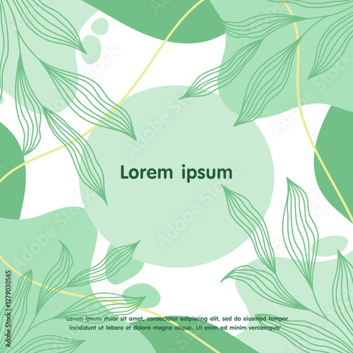 Minimalist abstract background with tropical leaves, floral and botanical elements. and hand drawn liquid organic shapes. pastel green colors. vector illustration template design