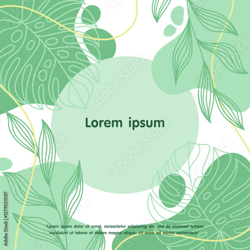 Minimalist abstract background with tropical leaves, floral and botanical elements. and hand drawn liquid organic shapes. pastel green colors. vector illustration template design
