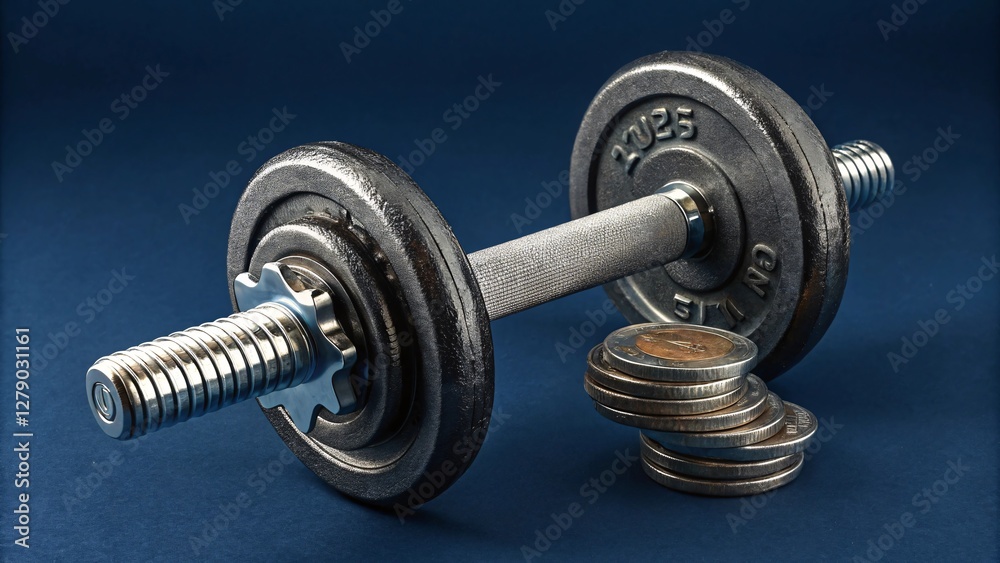 Naklejka premium Dumbbell and Stacked Coins Symbolizing Balance Between Physical Fitness and Financial Wellness
