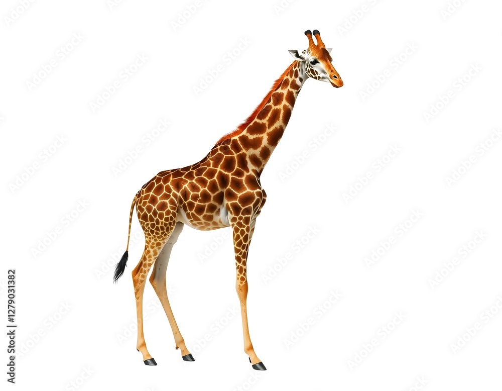 Naklejka premium Full-body giraffe with long neck and distinctive patterns, isolated on white