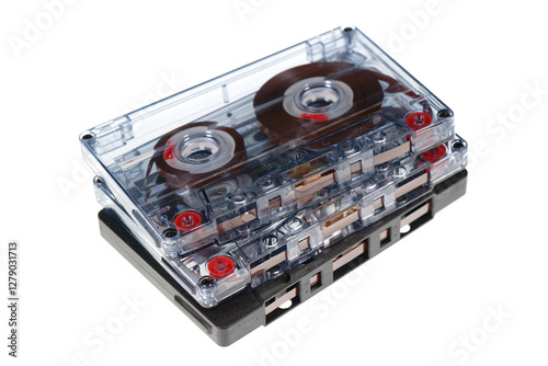 Stack of retro audio cassettes isolated on white background