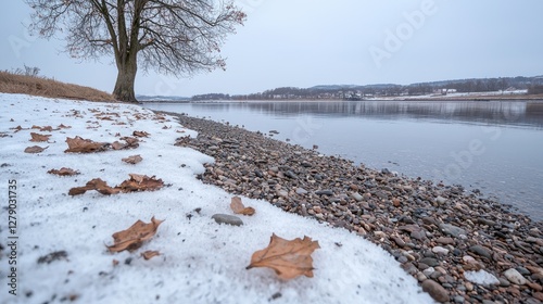 Snowy riverbank with fallen leaves, winter landscape, calm water. Possible use Stock photo for winter nature photo