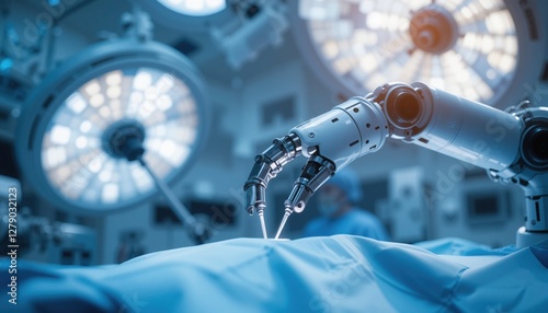 A highly advanced robotic arm performs intricate surgical procedures in a well-equipped operating room. Surgeons in the background monitor the patient's status as daylight breaks through