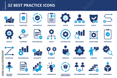 Best practice icon collection featuring quality assurance, compliance, workflow, risk management, optimization, innovation, and performance evaluation.