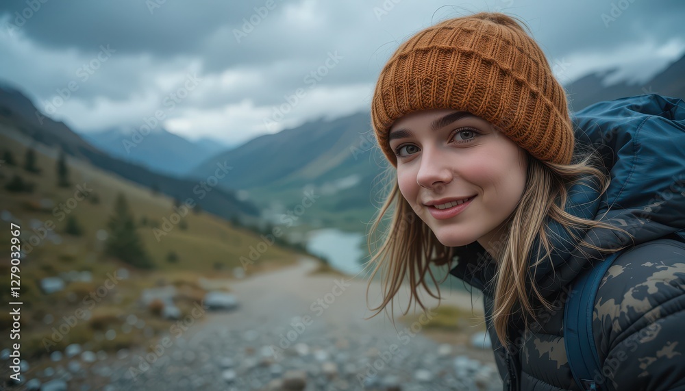 A young woman smiles while exploring a mountain trail, wearing a cozy brown hat. The breathtaking landscape features rolling hills and a shimmering lake in the distance A young woman smiles while exploring a mountain trail, wearing a cozy brown hat. The breathtaking landscape features rolling hills and a shimmering lake in the distance