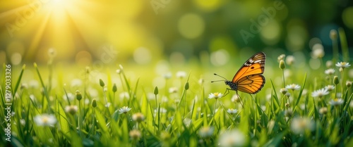 A vibrant orange butterfly flutters delicately above blooming daisies in a lush green meadow, basking in the warm glow of the sun. The tranquil afternoon creates a peaceful atmosphere