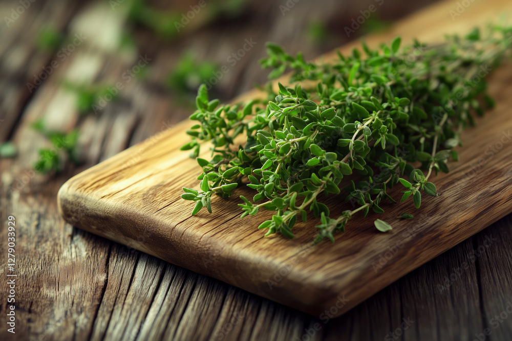 Fresh Thyme on Rustic Wooden Cutting Board Fresh Thyme on Rustic Wooden Cutting Board