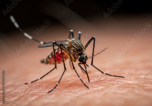 Wallpaper Mural Extreme close-up of mosquito, biting human skin, blood-filled abdomen, detailed insect anatomy, sharp focus, macro photography, pale pink flesh Torontodigital.ca