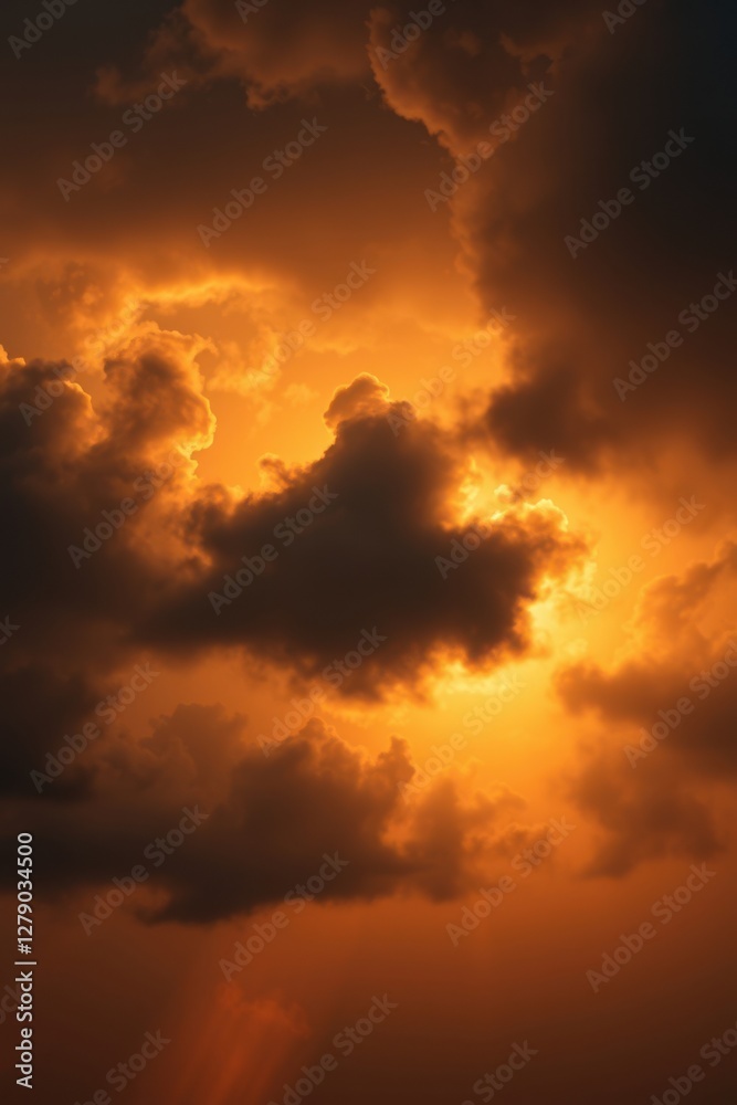 Fototapeta premium Dramatic sky filled with warm, golden light piercing through dark clouds, creating a breathtaking spectacle.