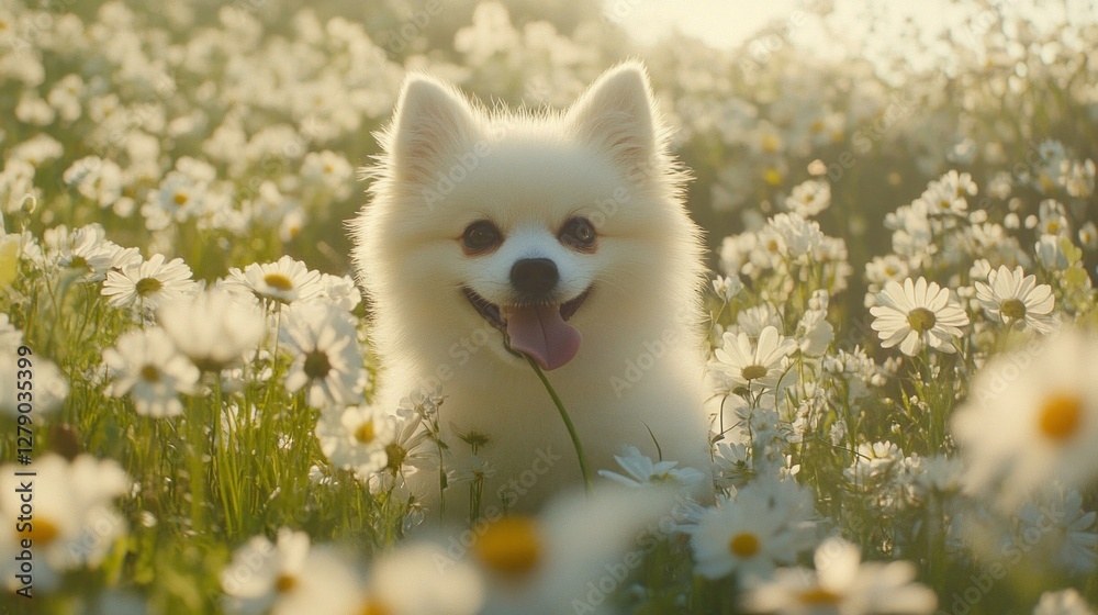 Obraz premium Adorable White Puppy in a Daisy Field
