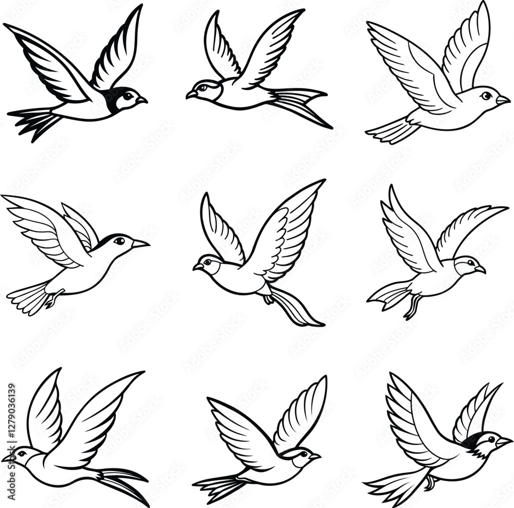 Fototapeta premium set of 9 birds line art vector