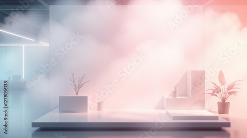Minimalist stage with plants and atmospheric fog, softly lit with pastel pink and blue hues. Serene showcase.