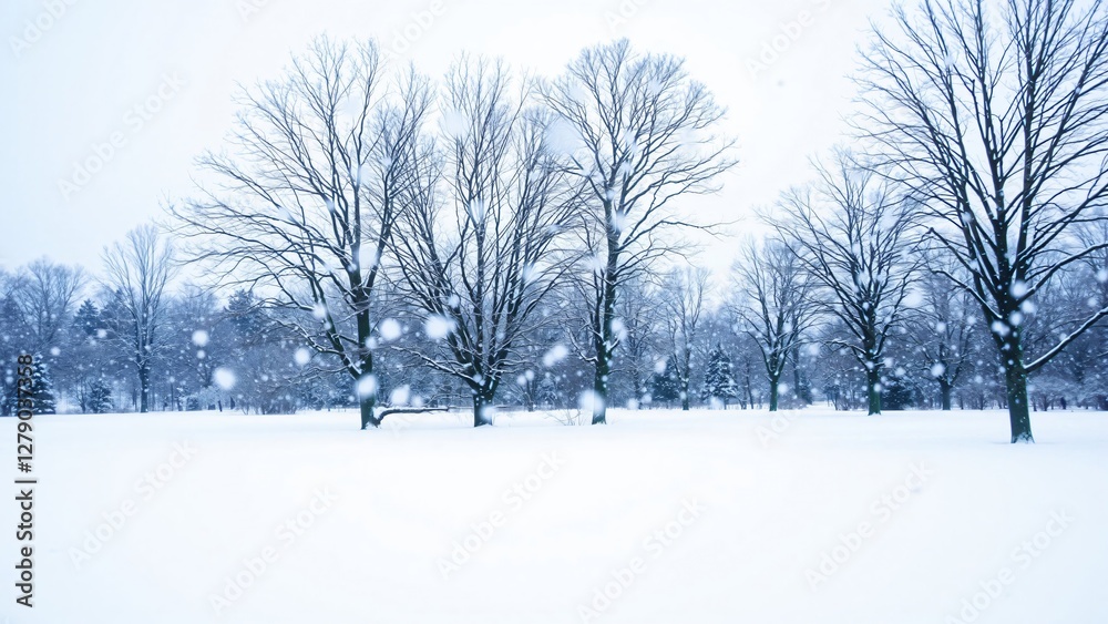 Fototapeta premium Serene Winter Wonderland Snow Falling on Leafless Trees in a Snowy Field