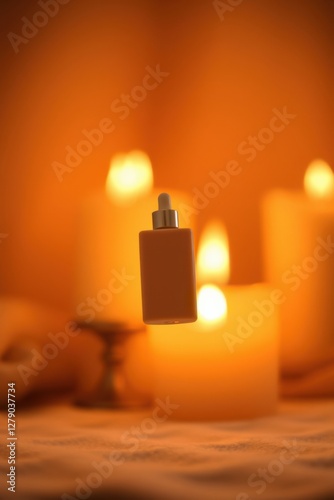 Serum bottle floats amidst the warm glow of surrounding candles, promising serenity and skin rejuvenation.