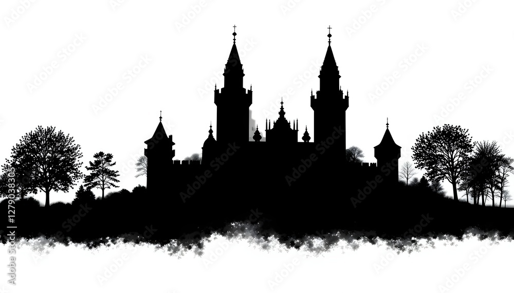 Majestic Historic Castle Silhouette with Towering Spires on White Majestic Historic Castle Silhouette with Towering Spires on White