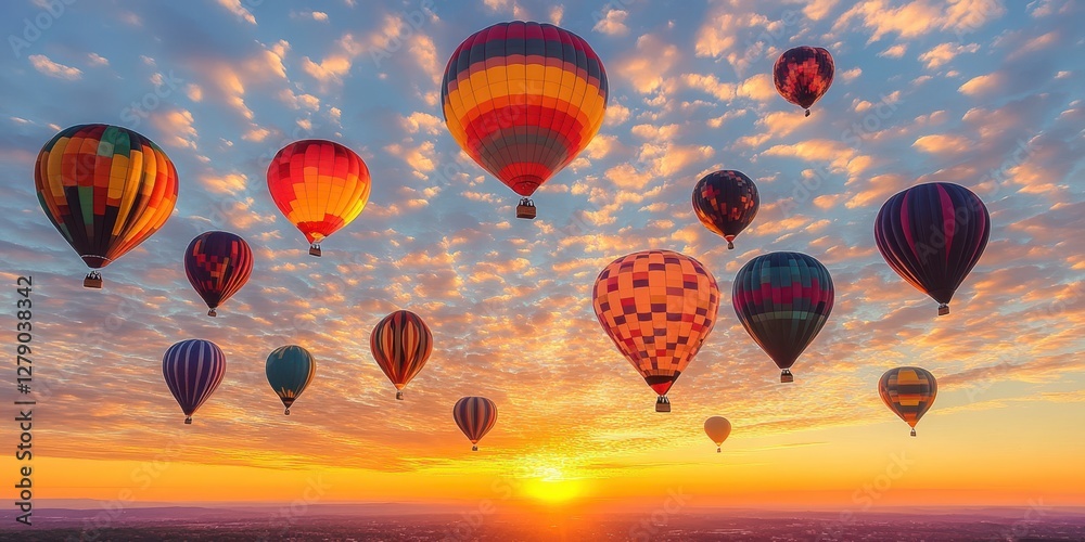 Fototapeta premium Giraffes soar gracefully in the sunset sky, surrounded by a colorful array of floating balloons, creating a whimsical and enchanting scene.