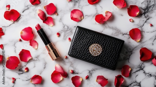 A luxury lipstick flat lay with a designer clutch and scattered rose petals photo