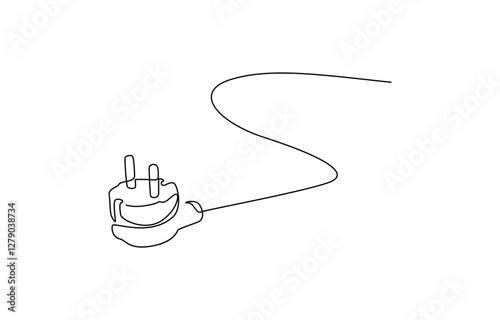 Continuous line art plug energy power storage electric rechargeable supply, One continuous line drawing of plug inserting into electric outlet. Power socket energy disconnect in simple linear style.