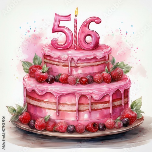 Illustration of decorated pink cake for birthday or anniversary party. Number 56, fifty-sixth birthday celebration photo