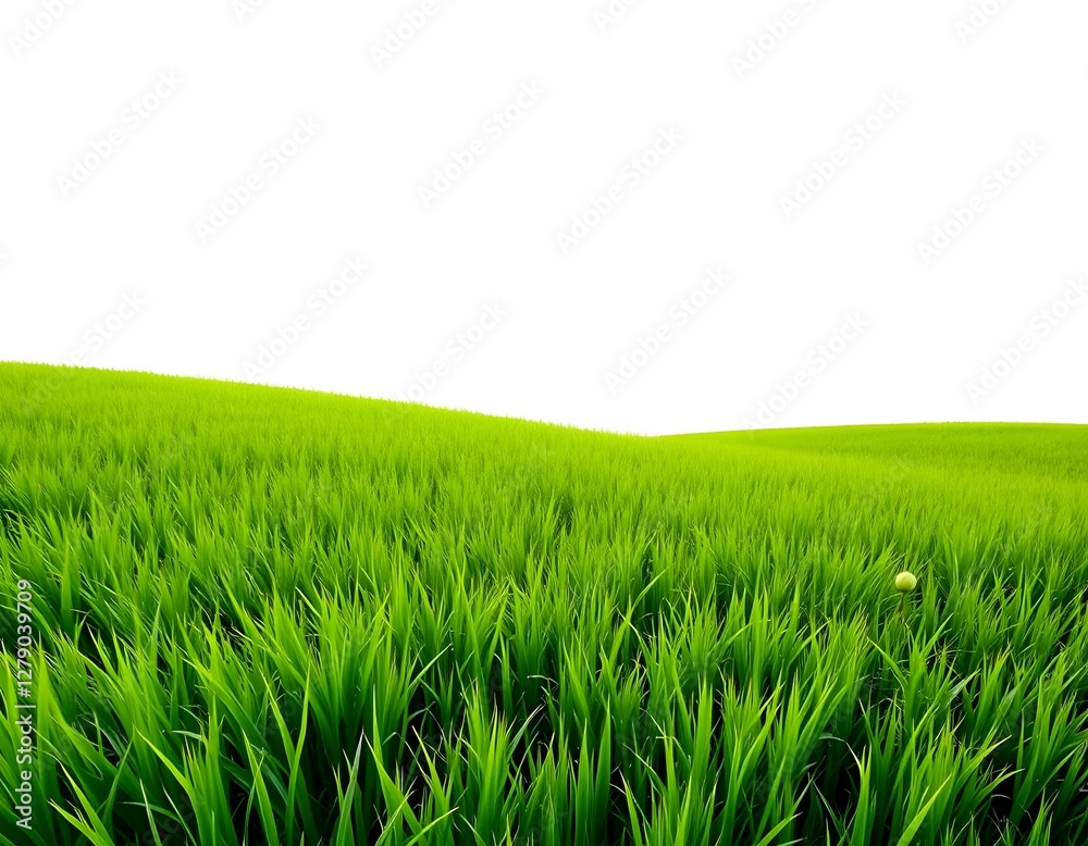 Fototapeta premium Lush green grassland with a gentle curve, isolated on white for a fresh and airy aesthetic
