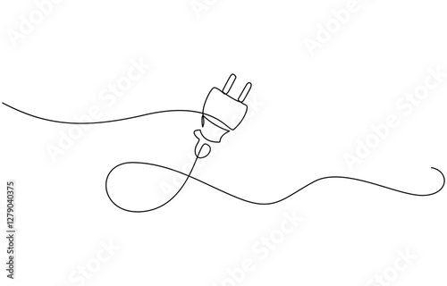 Continuous line art plug energy power storage electric rechargeable supply, One continuous line drawing of plug inserting into electric outlet. Power socket energy disconnect in simple linear style.
