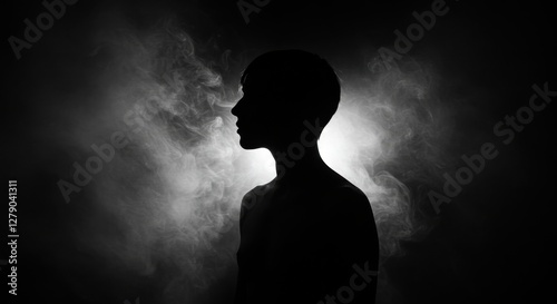 dark moody silhouette, ethereal smoke, atmospheric lighting, high contrast black and white, abstract human form, shadowy figure, mysterious ambiance